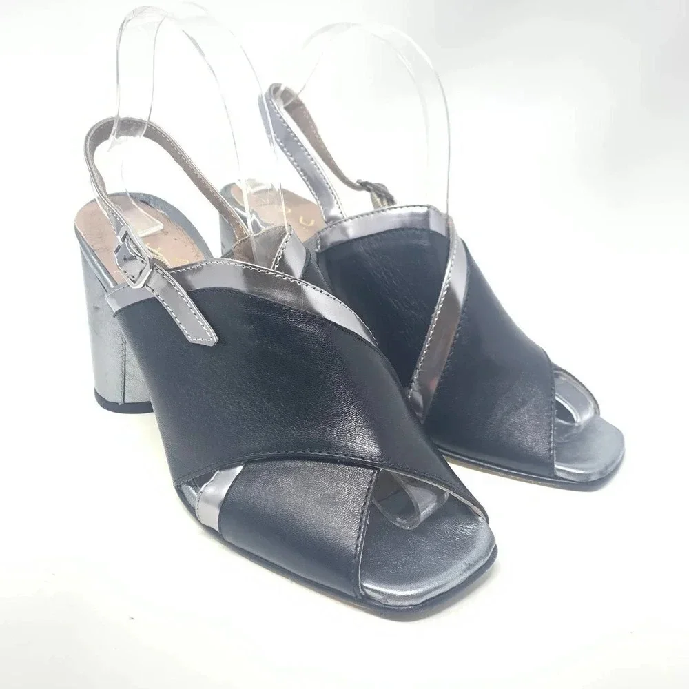 Ouigal Metallic Slingback‎ Heels Black Silver